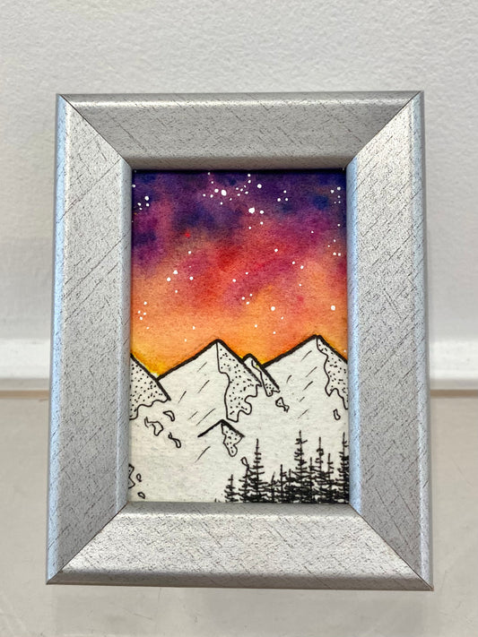 Miniature Framed Painting | Mountains Silver frame