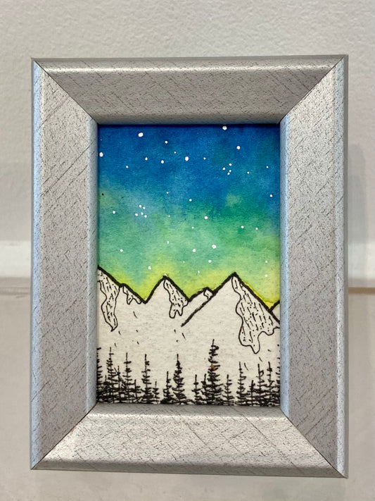 Miniature Framed Painting | Mountains Silver frame