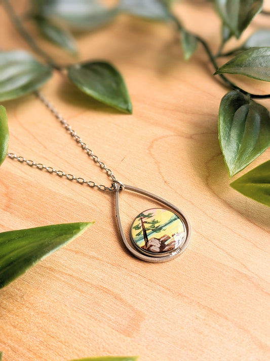 Hand Painted Windswept Tree Teardrop Necklace