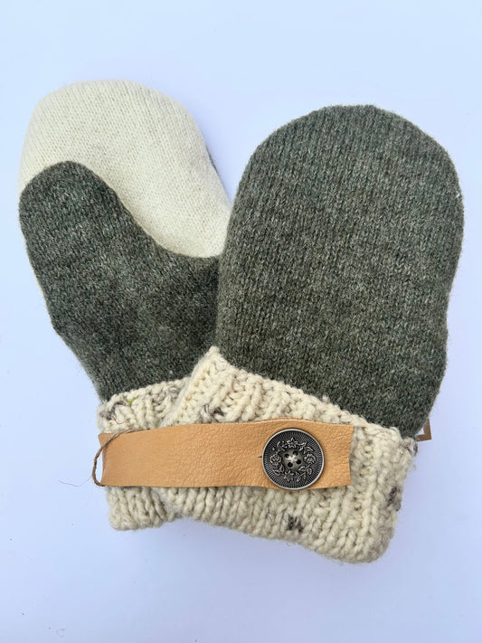 Wool Cream and Green Mittens
